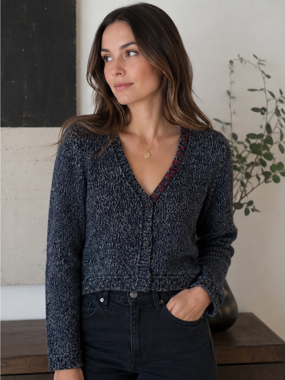 Brazeau Tricot 100% Cashmere Navy Charcoal Marl Cardigan Sweater Size 3 Medium